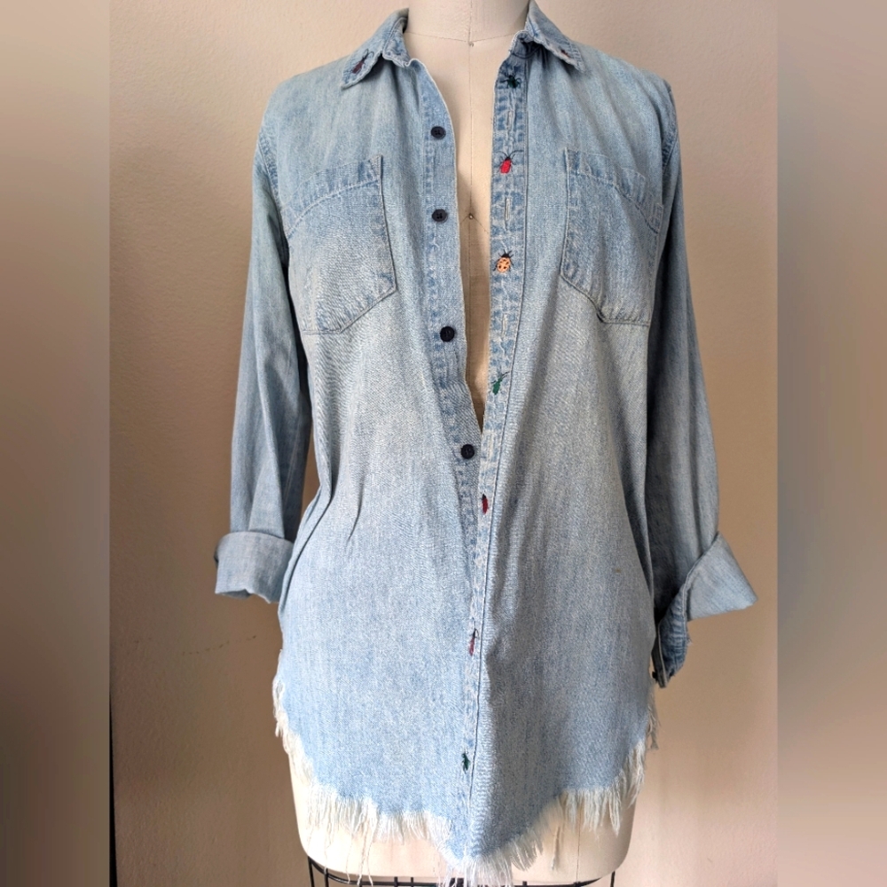 Denim Button-up Shirt with Embroidery